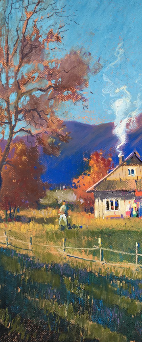 Ukrainian art Sunny Autumn day in Carpathian. Pastel on paper 19.6x19.6 inch (50x50 cm) by Andrii Kovalyk