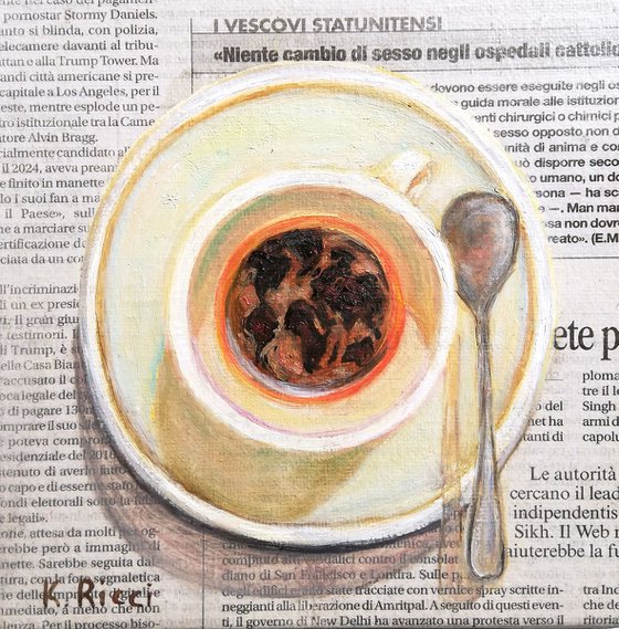 "The Whole World in a Coffee Cup" Original Oil on Newspaper and Canvas Board Painting 6 by 6 inches (15x15 cm)