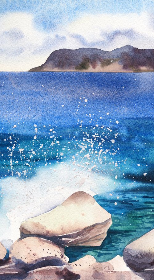 Mediterranean sea - original seascape watercolor by Delnara El