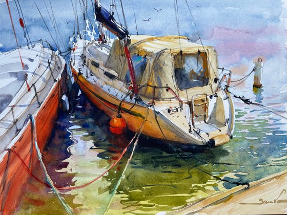 Yachts in the port. Watercolor painting