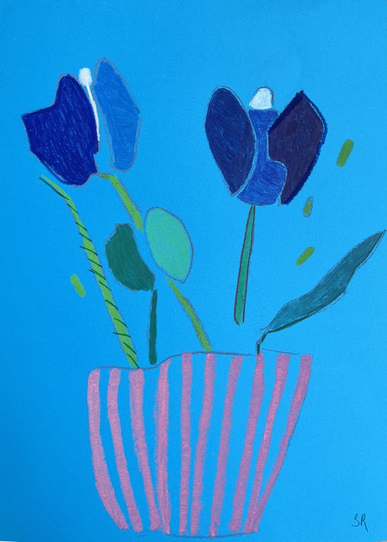 Blue Tulips in Pink Vase