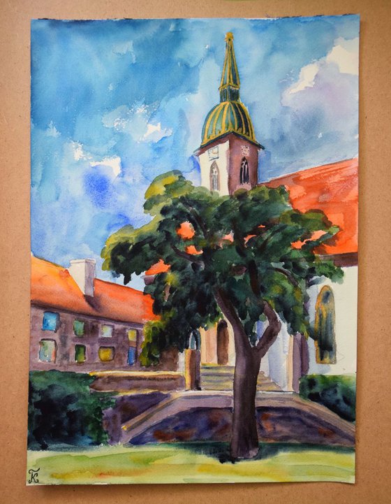 Bratislava church ORIGINAL watercolor painting, travel city gift, Slovakia Europe cityscape, plein air artwork