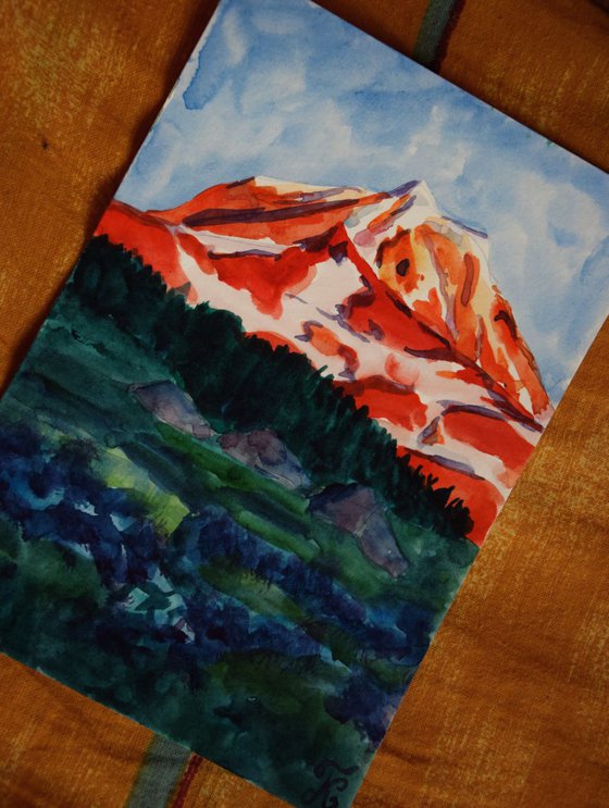 Sunset Mountains small watercolor painting postcard