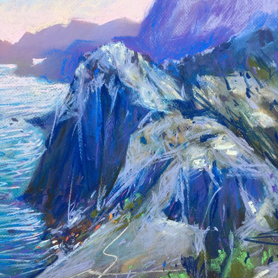 Ukrainian painting Sudak Crimea Mountains and sea landscape Soft pastel 19.6x19.6 inch (50x50 cm)