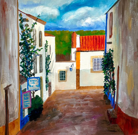 Portugal Original Gouache Painting, Europe Wall Art, Obidos Street Artwork, Travel Gift, Mediterranean Home Decor