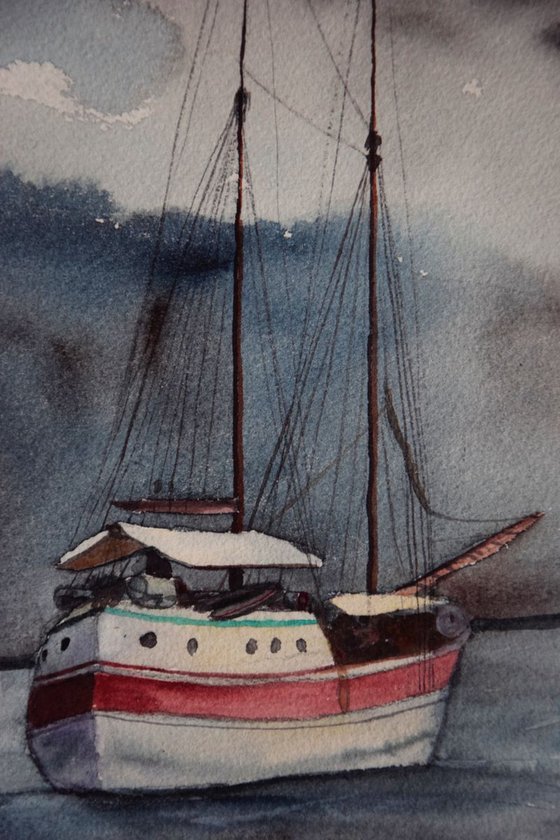 Watercolor painting Ship in Oslo port, Norway fjord