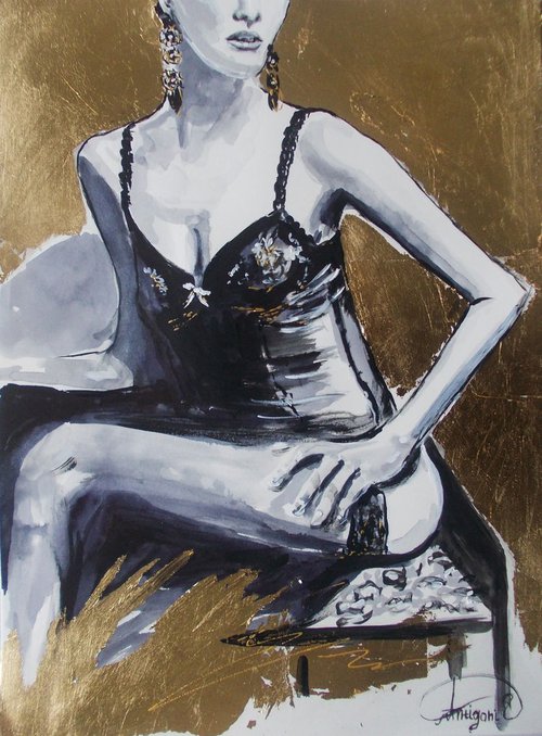 Black and Gold -Mixed Media  Woman  Painting on Paper by Antigoni Tziora