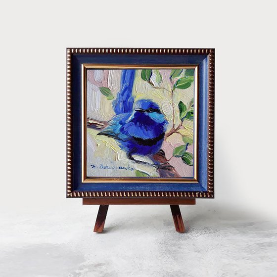 Small oil painting original Bird painting 4x4, Blue bird picture frame Fairy-wren bird artwork