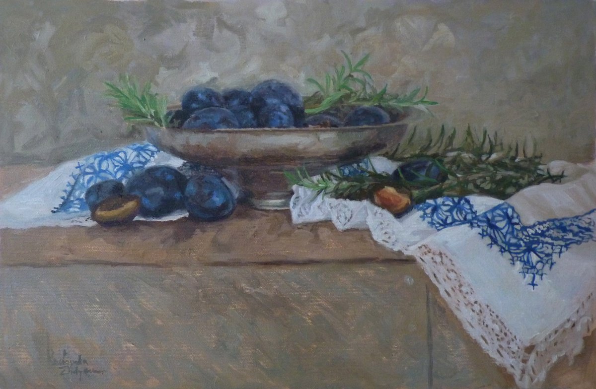 Impressionistic Still Life Oil Painting By Radosveta Zhelyazkova, 19 X 12", Plums, Rosemary And Drapery, Original Artwork