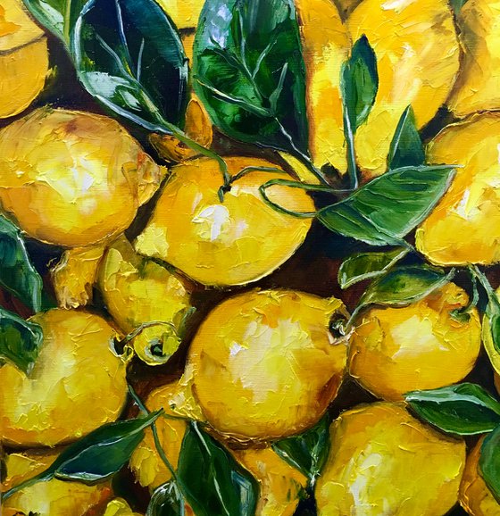 Lemons, oil painting, still life. Palette knife painting on canvas.