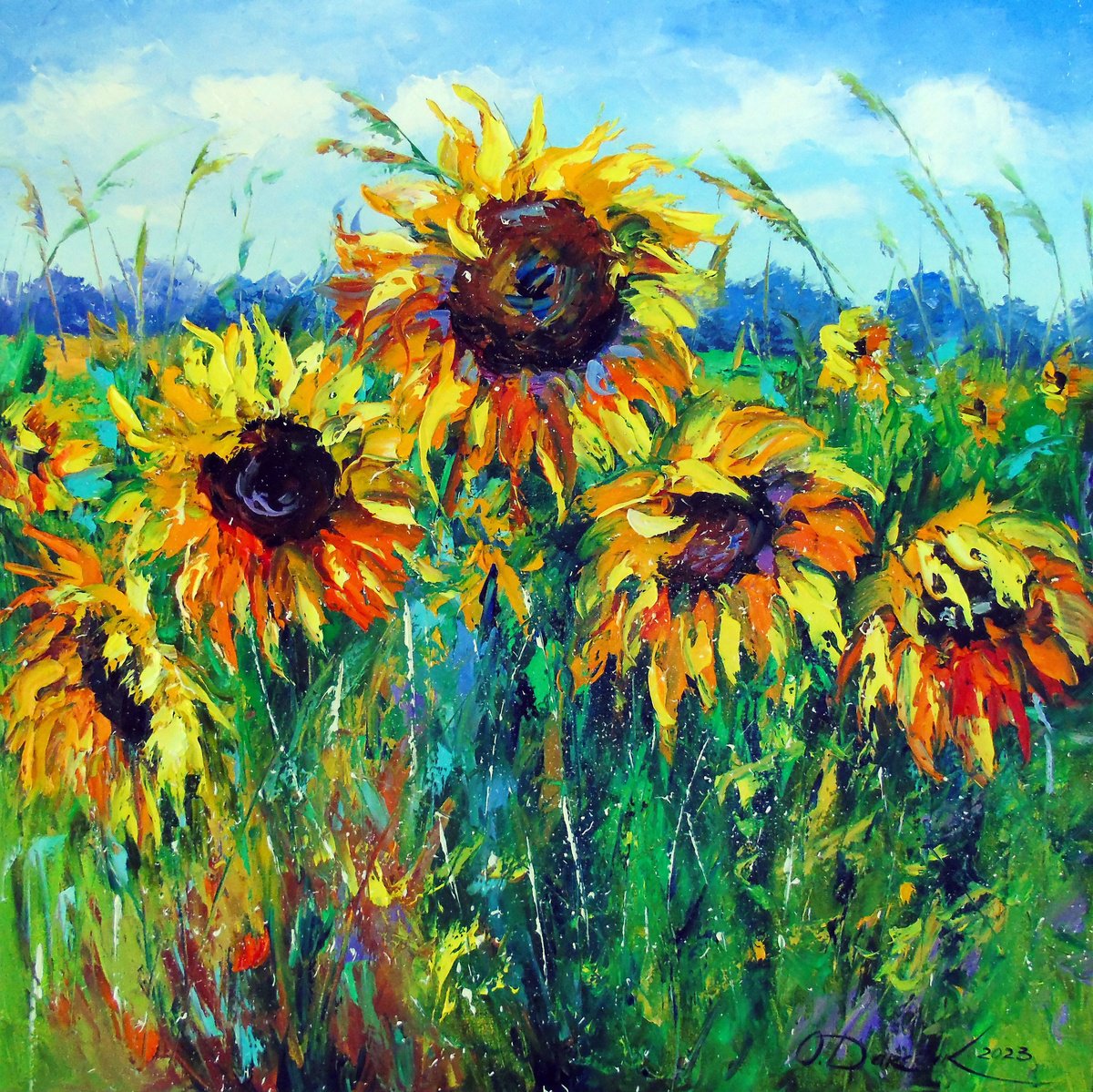 Impressionistic Botanical Oil Painting By Olha Darchuk, 28 X 28", Sunflowers, Original Artwork
