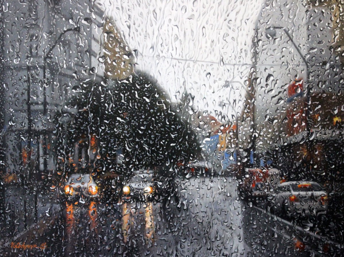 Photorealistic Cityscapes Oil Painting By Volodymyr Melnychuk, 31 X 24", Evening Rain, Original Artwork