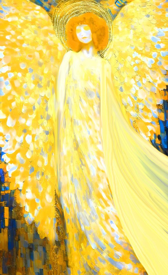 Sunny Angel. Huge 200 x 120 cm artwork. Magical radiance of the soul. Bright futuristic fantasy fabulous esoteric surreal mystery harmonious golden yellow art. Meditation relaxation pray aura grace Large format wall art on canvas