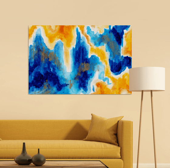 "Ice and Fire" landscape, original acrylic painting, abstract art, office home decor, gold, blue, yellow
