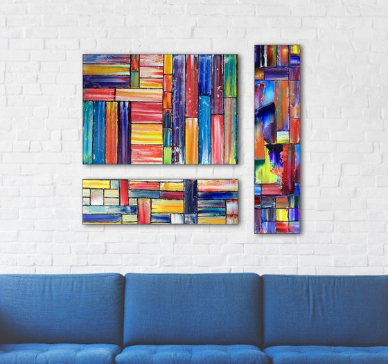 "Built For This" -  Save As A Series - Original PMS Abstract Triptych Oil Paintings On Wood - 34" x 32"