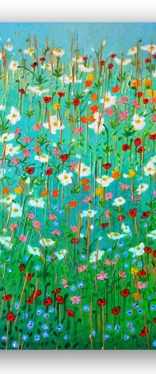 Anemone Garden - Japanese anemones, nasturtiums, cosmos and poppies by Lisa Mann