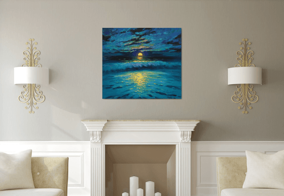 Moonrise in blue over sea