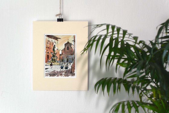 Original watercolor painting of Bologna city center.