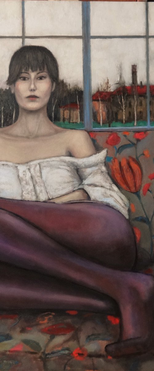 Woman in purple stockings by Massimiliano Ligabue