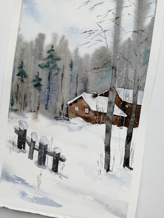 Winter farmhouse painting.