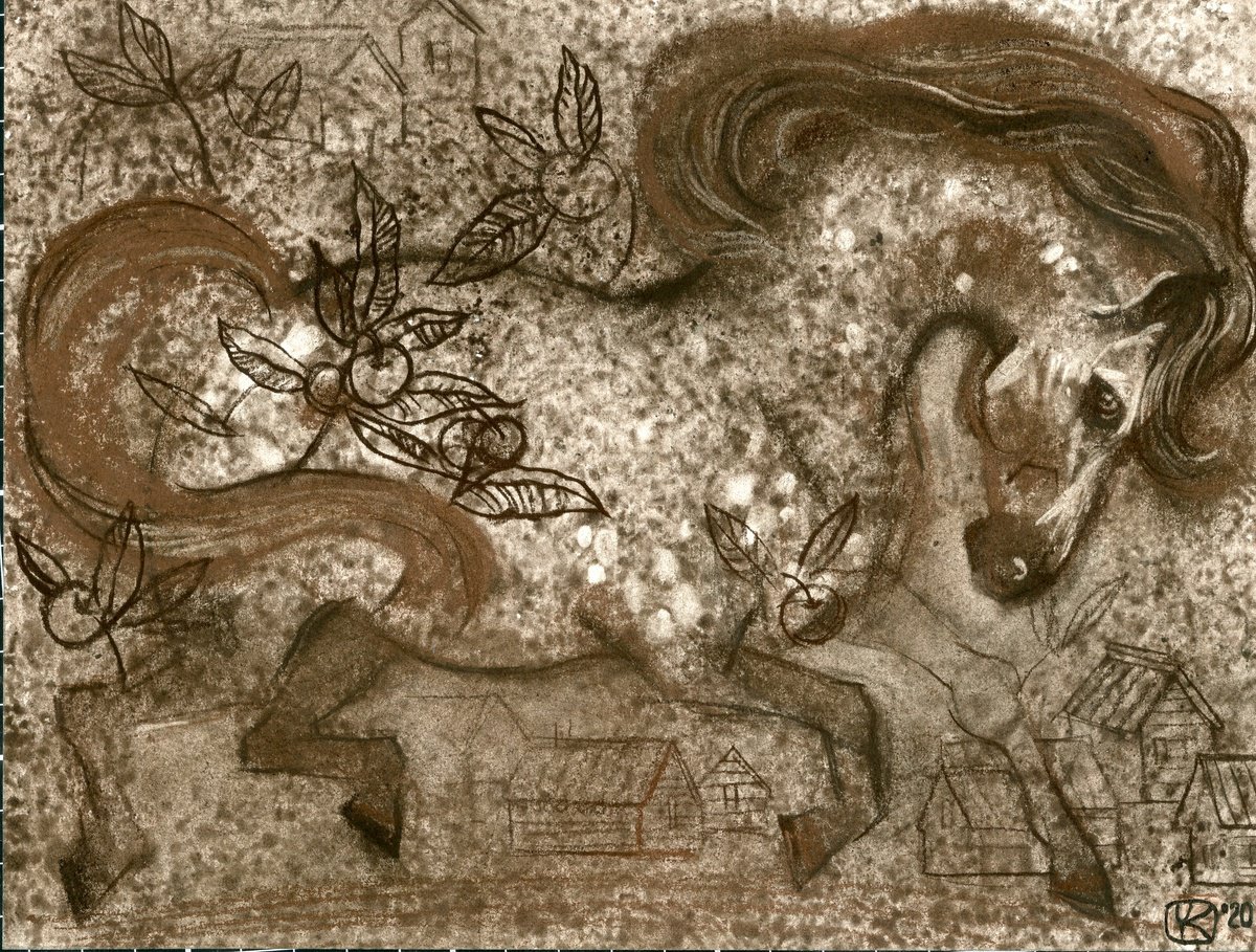 Surrealistic Animal Pastel Drawing By Olga Kataeva-Rochford, 9 X 7", Small Dappled Horse, Original Artwork