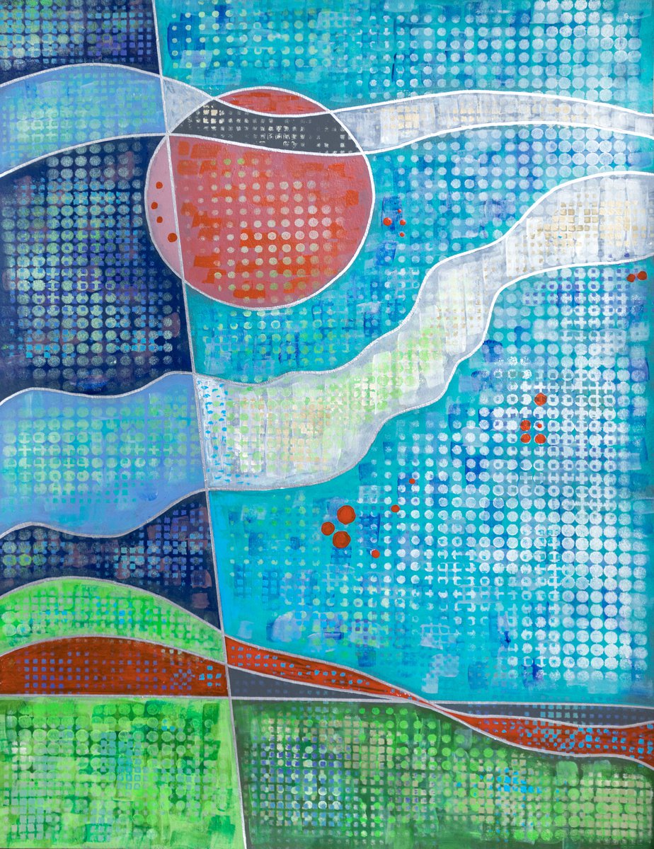 Geometric Landscape Acrylic Painting By Ariadna De Raadt, 18 X 23, Touching Of The Sun 1, Original Artwork