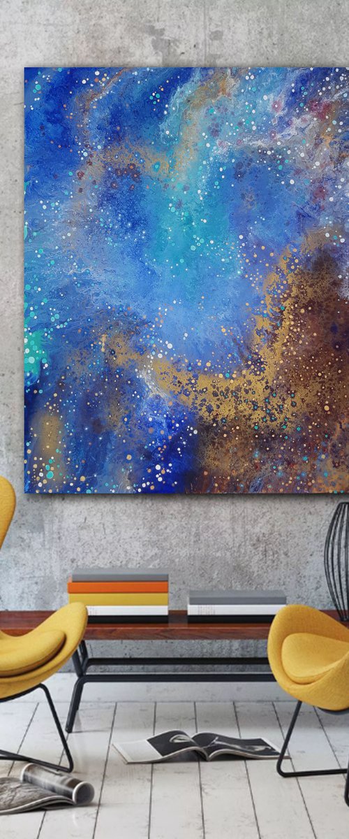 "The unknown beckons" space, sky, sea landscape, original acrylic painting, abstract art, office home decor, blue, gold, copper by Alexandra Dobreikin