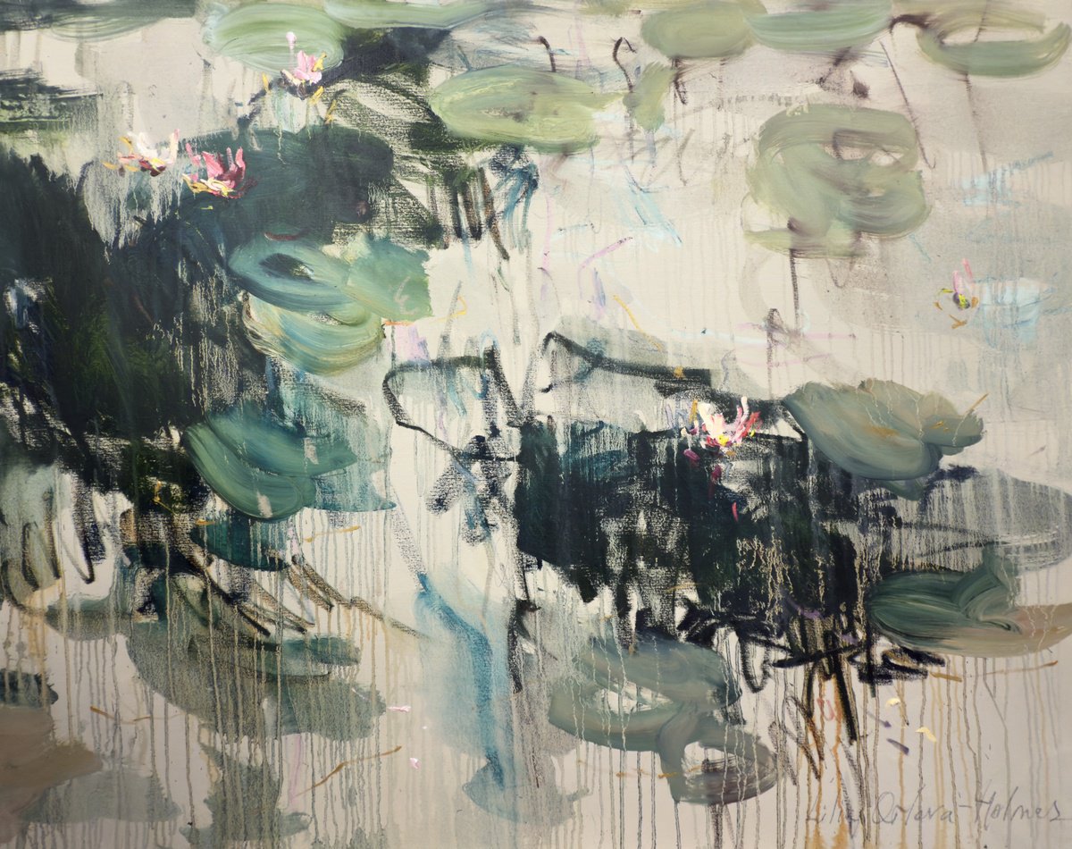 Expressive Abstract Oil Painting By Lilia Orlova-Holmes, 59 X 47", Water Lilies, Original Artwork