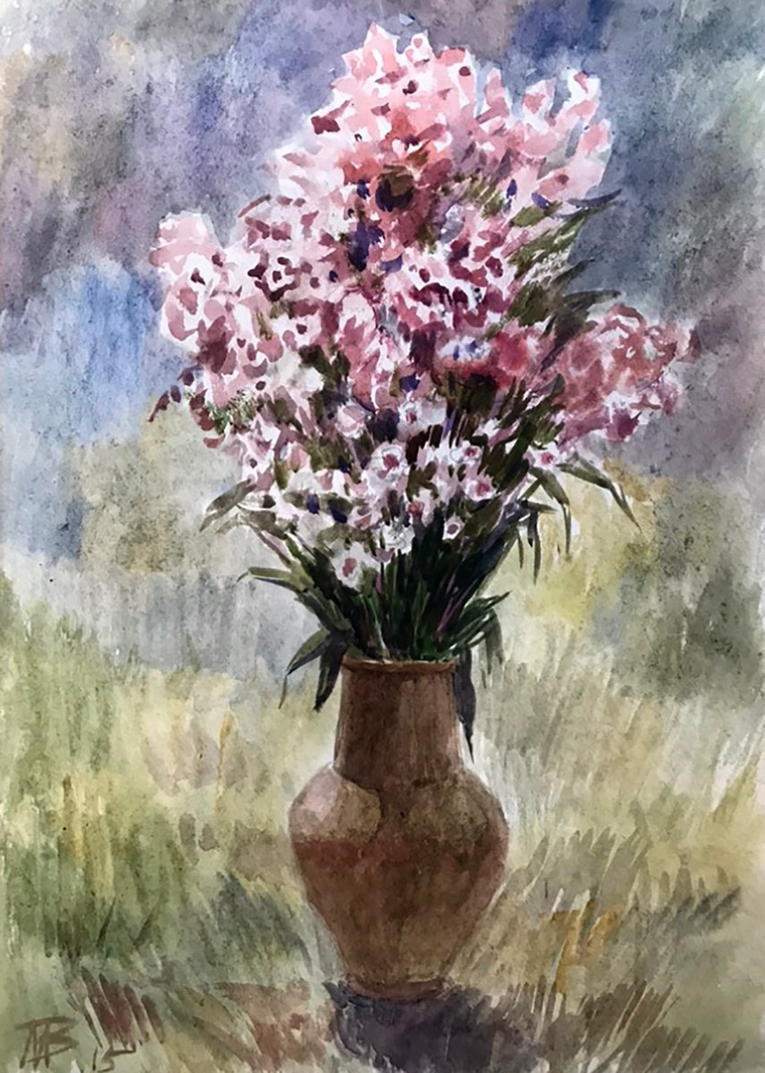 Impressionistic Still Life Watercolour By Viktor Mishurovskiy, 12 X 16", Flowers In A Vase, Original Artwork