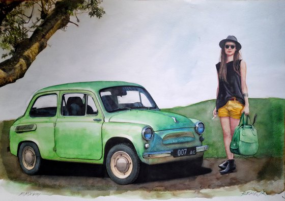 60s of the last century (Girl with Green Bag and Retro Green Car)