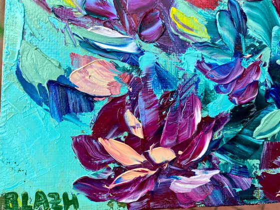 Petals - splashes of color, 25*35cm, impressionistic flowers oil painting with texture (a bit impasto)