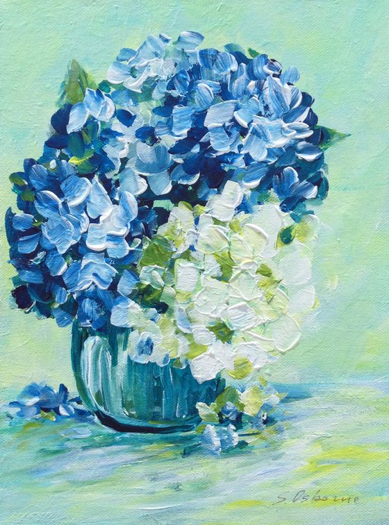 White and Blue Hydrangea Small Painting on Canvas. Impressionistic ...