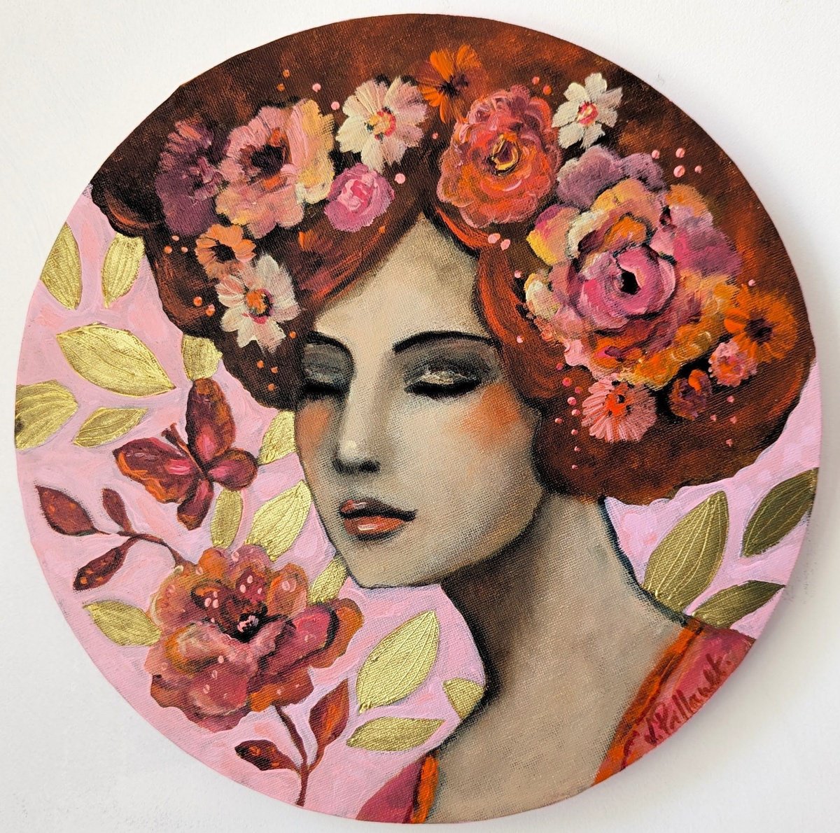 Portrait Acrylic Painting By Loetitia Pillault, 12 X 12", Souffle Rose, Original Artwork