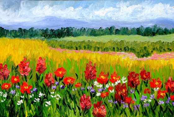 Landscape with bright wildflowers. Original oil painting on canvas.