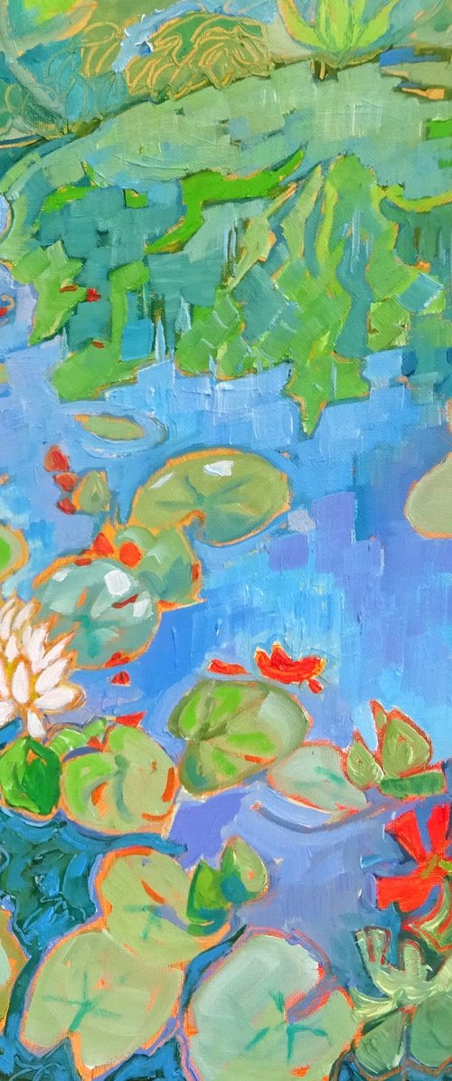 Waterlilies and Geraniums by Mary Kemp