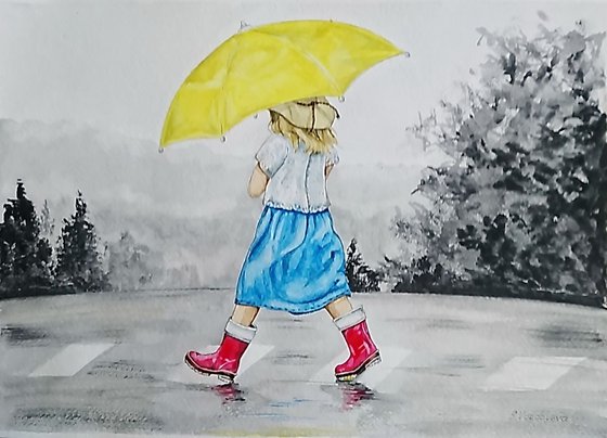 Walking in a rain. Original watercolor painting by Svetlana Vorobyeva