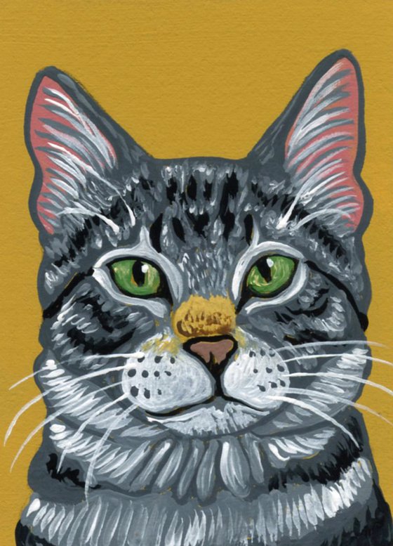 ACEO ATC Original Miniature Painting Gray Tabby Cat Pet Feline Art-Carla Smale