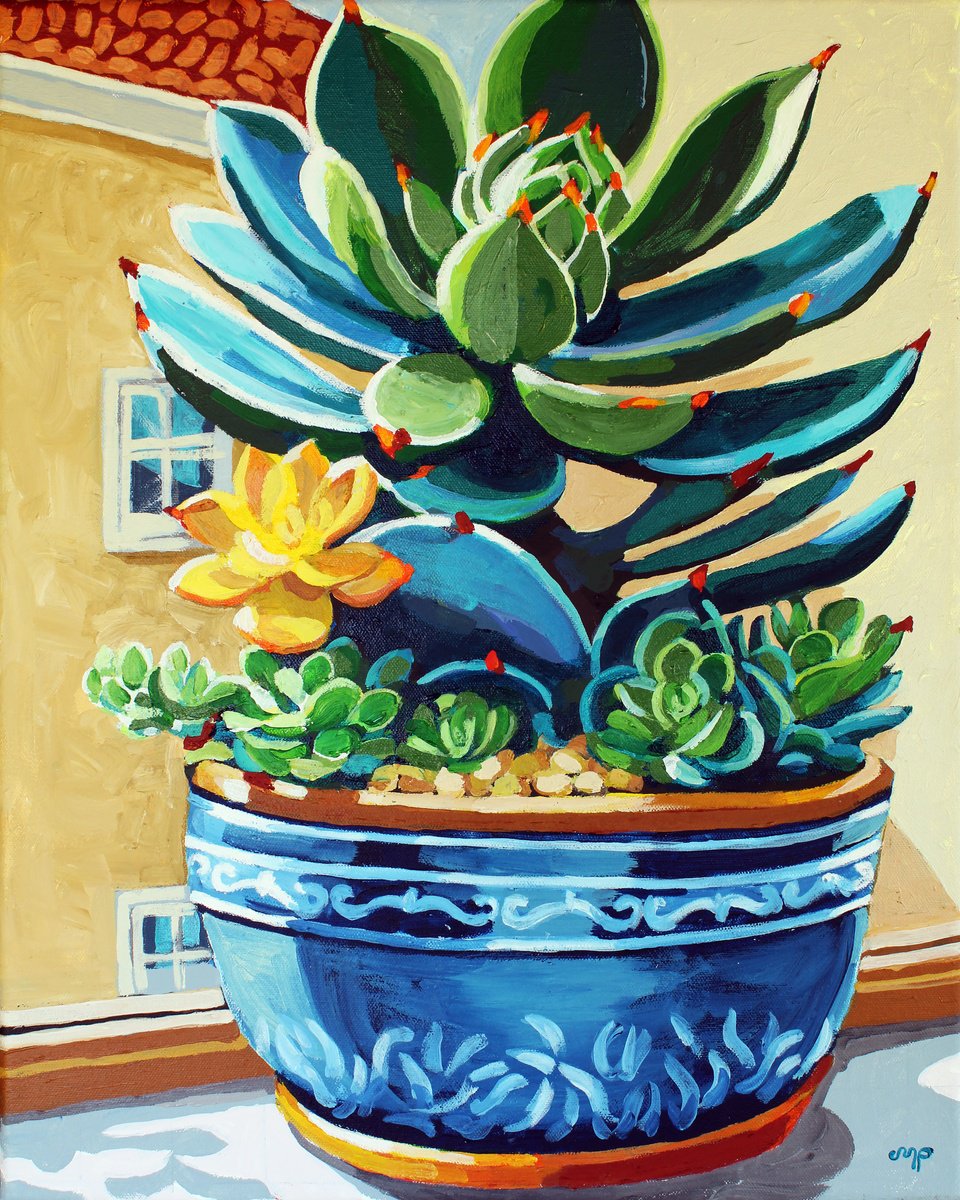 Impressionistic Still Life Acrylic Painting By Melinda Patrick, 16 X 20", Cactus Flower, Original Artwork
