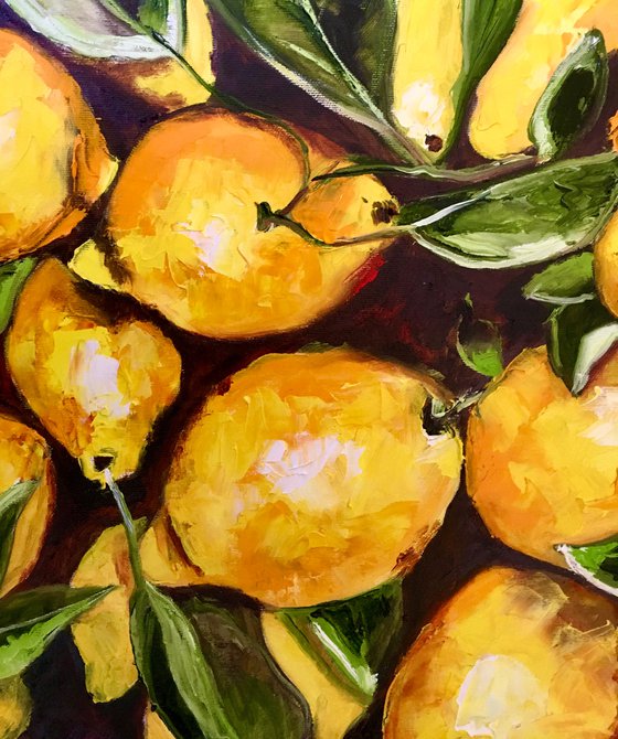 Lemons, oil painting, still life. Palette knife painting on canvas.