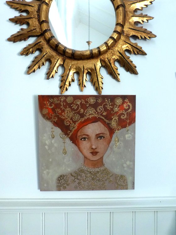 Blanche, pensive. Painting on wood: Redheaded woman in an icon style