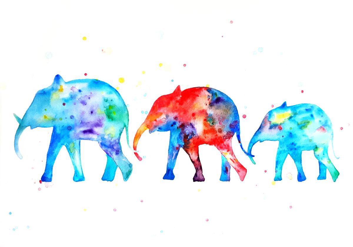 Impressionistic Watercolour , Friendly Family Of Elephants By Luba Ostroushko, 12 X 16, Artwork For Sale On Artfinder