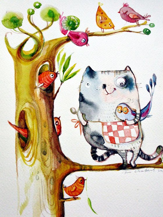 clever kitten and birds original illustration