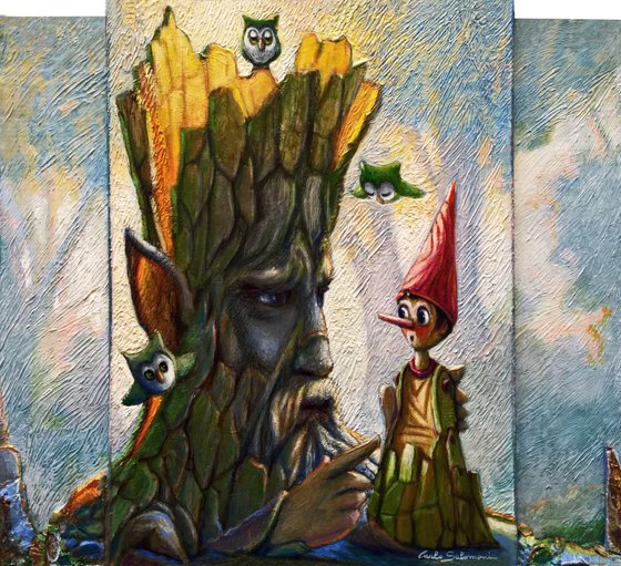 PINOCCHIO, THE TALKING TREE AND THE TINY OWLS - ( framed, 3D effect, TRIPTYCH )