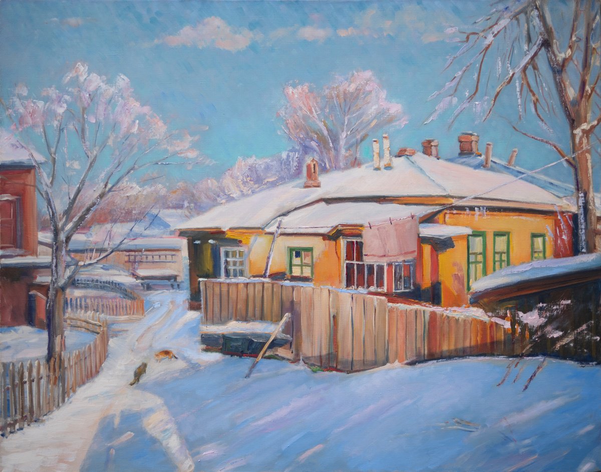 Impressionistic Landscape Oil Painting By Vyacheslav Onyshchenko, 37 X 29", Winter Courtyard, Original Artwork