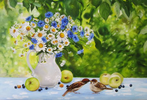 Wildflowers and bird, Summer scene by Natalia Shaykina