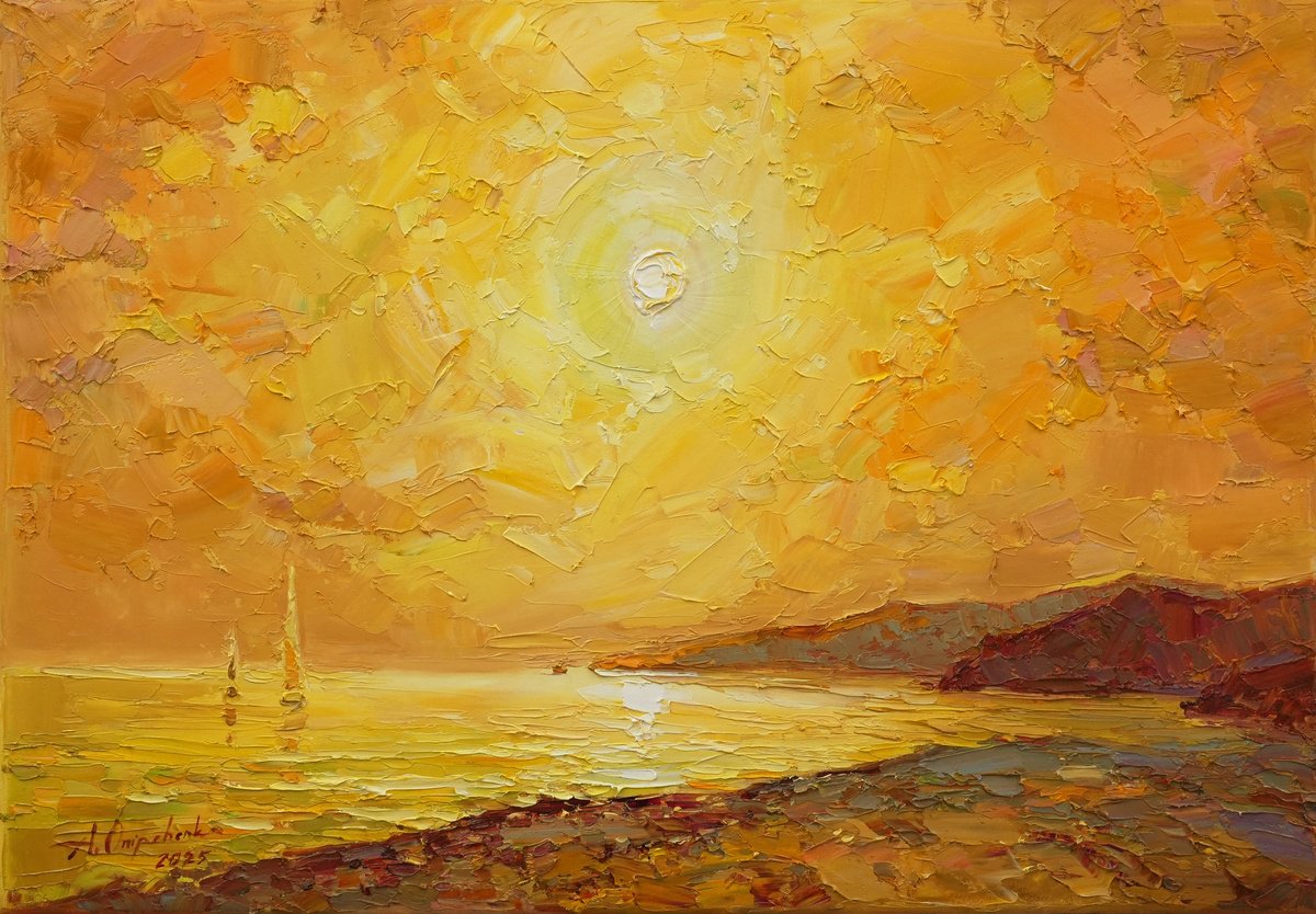 Impressionistic Landscape Oil Painting By Alisa Onipchenko-Cherniakovska, 20 X 14, Yellow Sunset By Sea, Original Artwork