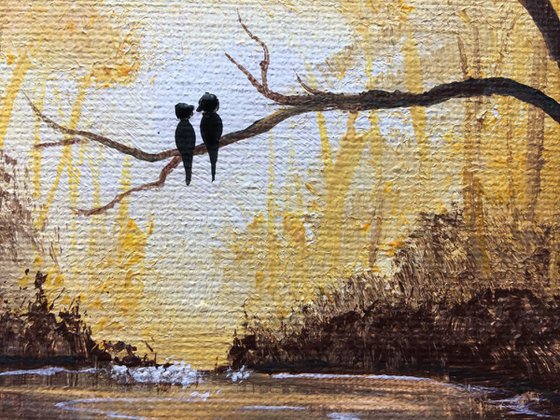 Lovebirds in autumn on a mini canvas