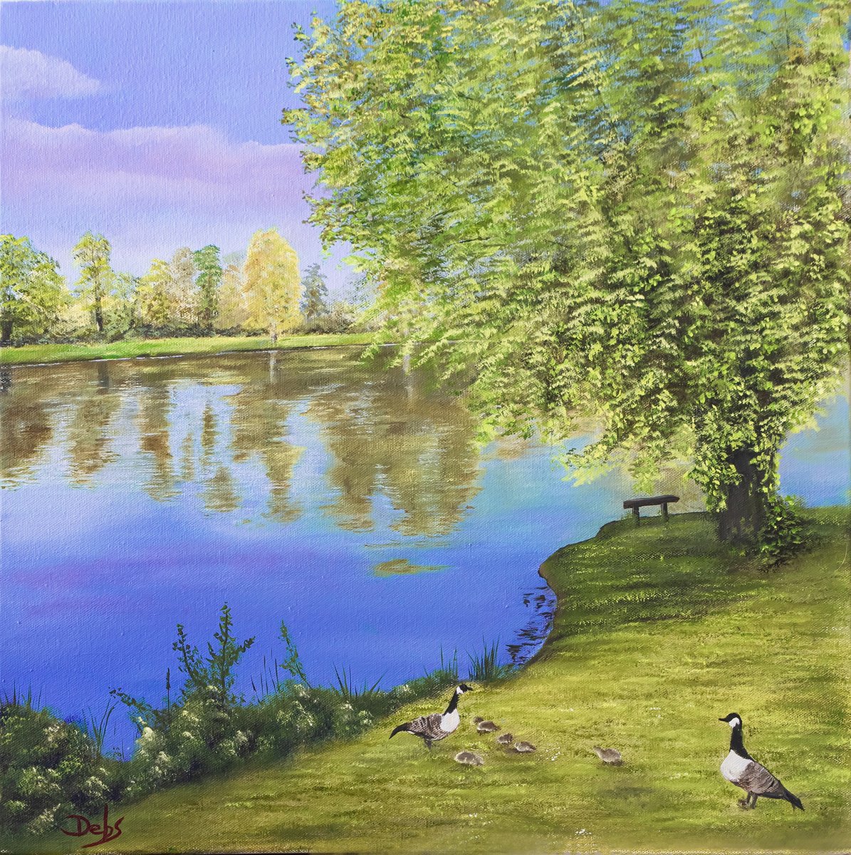 Photorealistic Landscape Oil Painting By Debbie Young, 16 X 16, Evening Stroll, Original Artwork