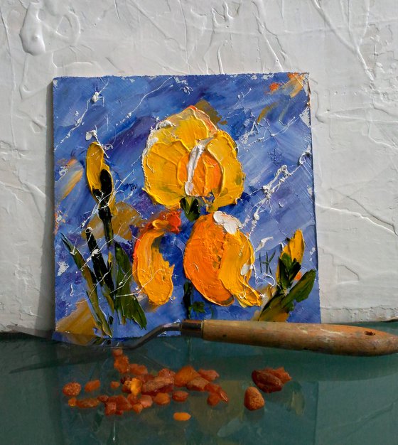 Irises Painting Floral Original Art Abstract Yellow Flowers Small Oil Impasto Pallete Knife Artwork Home Wall Art 6 by 6" by Halyna Kirichenko