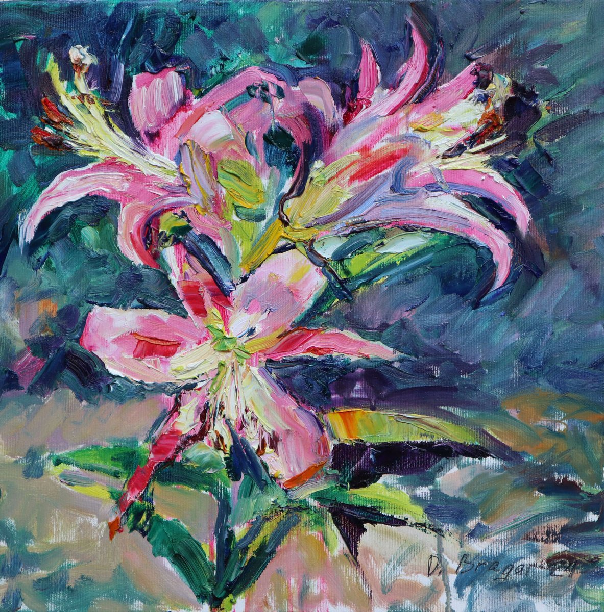 Expressive Botanical Oil Painting By Dima Braga, 16 X 16, Rose Lilies, Sunny Day, Original Artwork